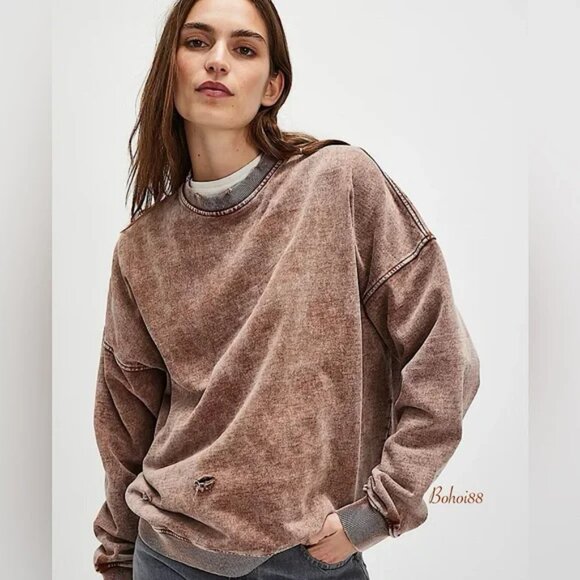 NEW! Free People Falling Forward Snow Washed Destroyed Crew Chocolate - Picture 1 of 5